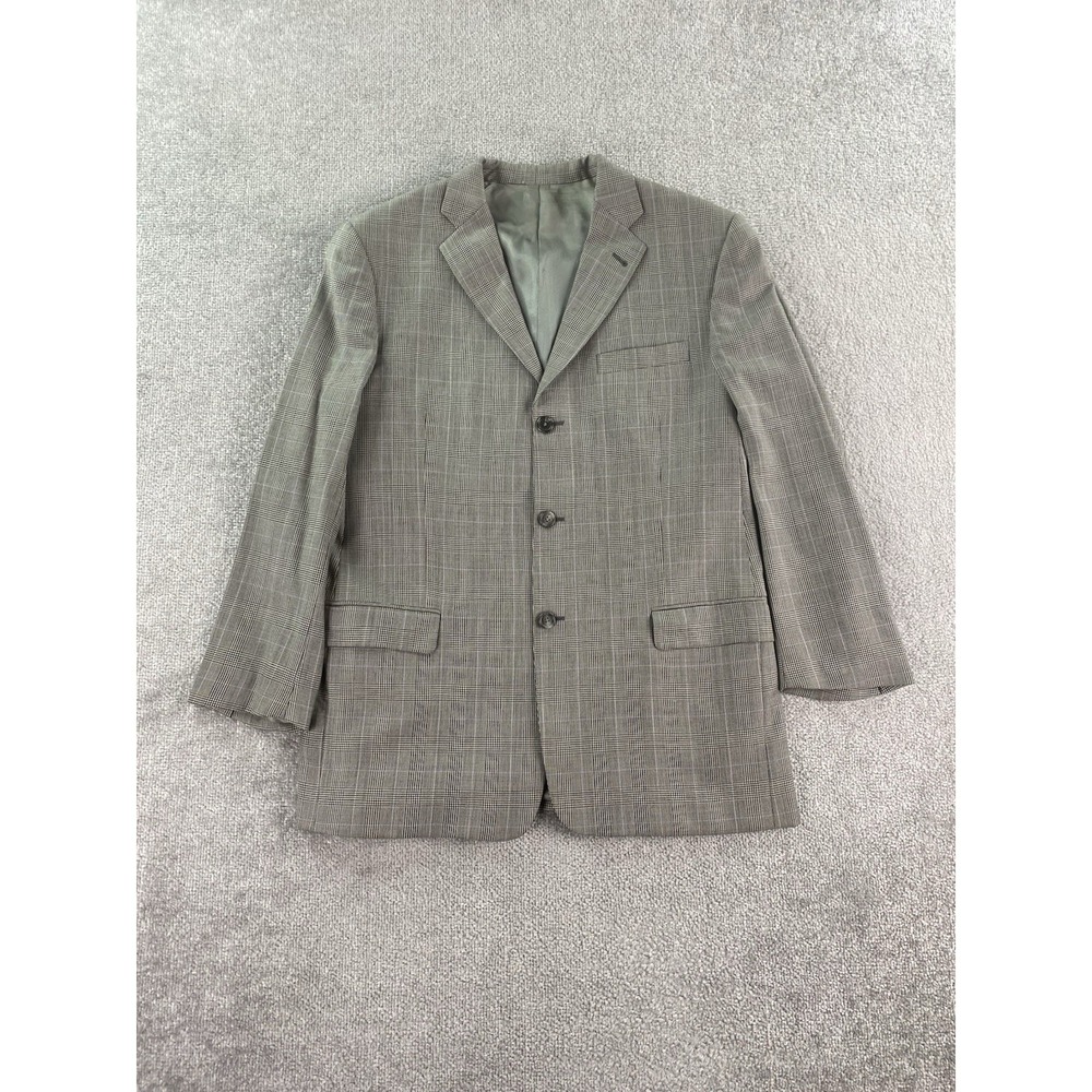 Burberry London Blazer 42 L Gray Wool Windowpane Plaid Designer Luxury USA *